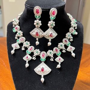 🆕 Premium Quality German Silver Ruby and Emerald stone Necklace with earrings